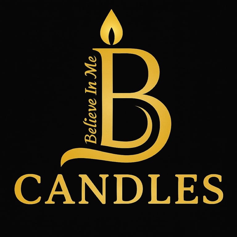 Believe In Me Candles logo featuring a gold letter B with a flame on top and text below on black background