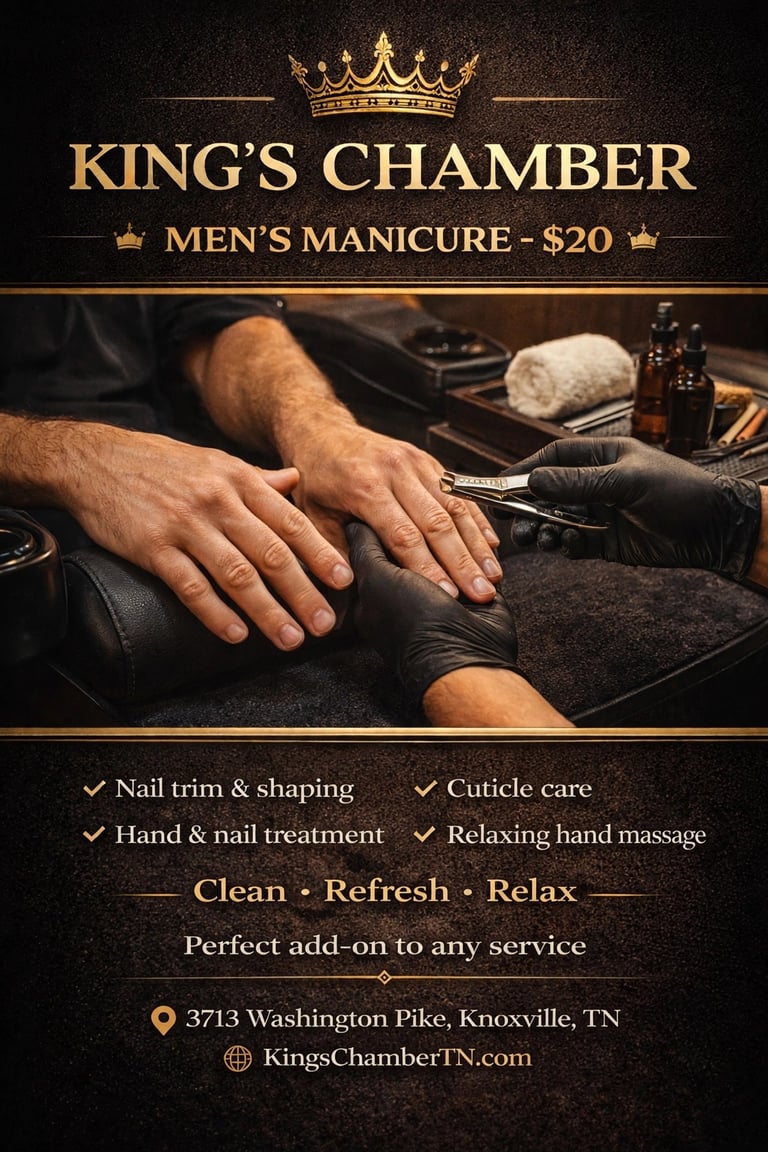 Kings Chamber mens manicure service advertisement showing nail care being performed on a clients hands, priced at $20