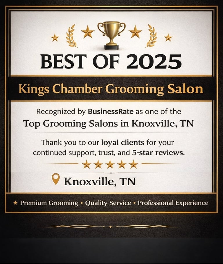 Best of 2025 award certificate for Kings Chamber Grooming Salon, recognized by BusinessRate as a top grooming salon in Knoxville, TN