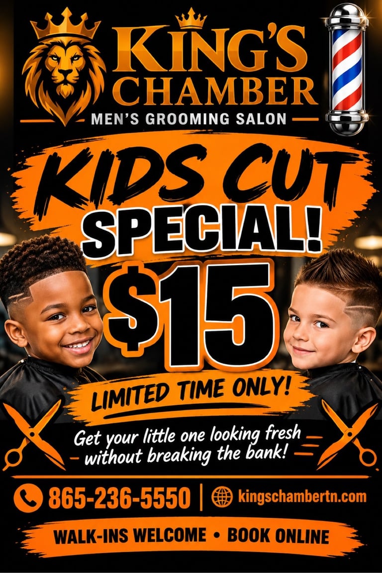 Kings Chamber Mens Grooming Salon promotional poster advertising $15 kids haircut special with two smiling children and a barber pole.