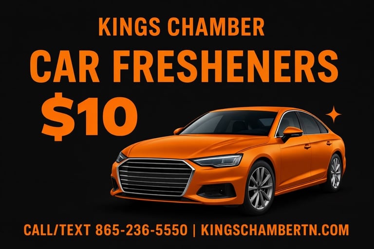 Kings Chamber car fresheners promo advertisement featuring an orange sedan with $10 price and contact information