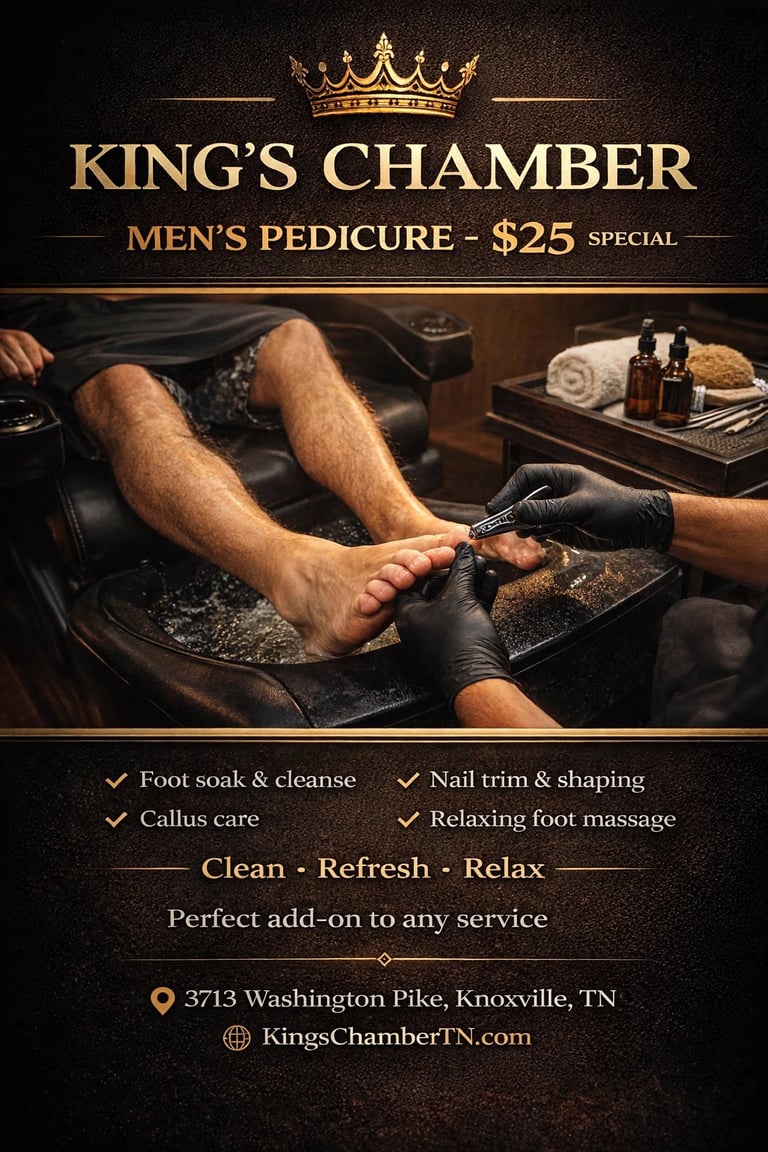 Kings Chamber Mens Pedicure promotional flyer showing foot care service at $25 special with services listed