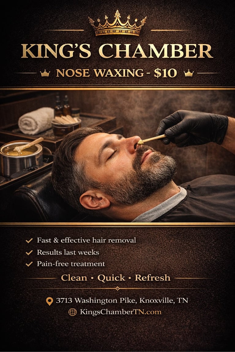 Advertisement for Kings Chamber nose waxing service showing a man receiving treatment with pricing and benefits listed